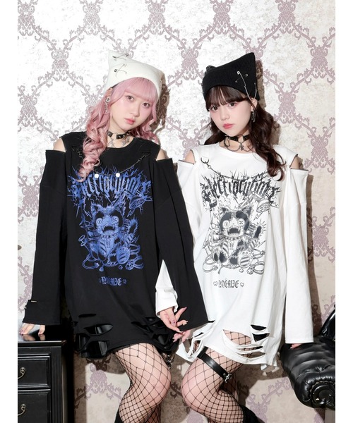 NOEMIE(ノエミー)の「びりびりねこチェーンダメージユニセックスロングTシャツ(Tシャツ/カットソー・レディース・オフホワイト/ブルー/ブラック・M)」の4枚目の写真