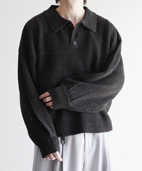 ELLUV(エルブ)の「【ELLUV/エルヴ】エレガンスラメシアー ショート丈長袖ポロシャツ(ポロシャツ・メンズ・グレー/ブラック/ホワイト・L/M/S)」の1枚目の写真