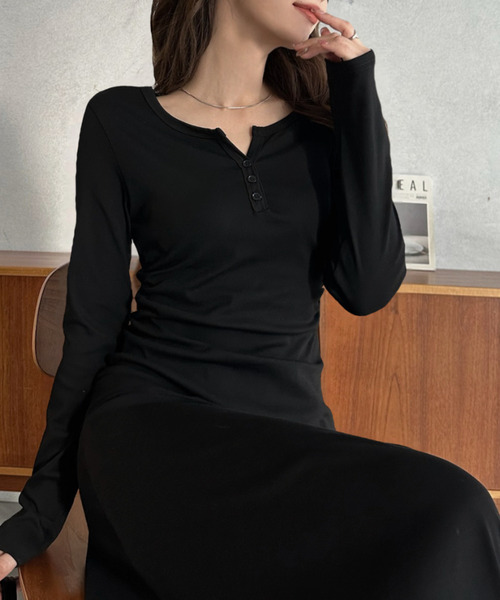 Eclat one(エクラワン)の「【Eclat one】ヘンリーネック ギャザーデザイン フレア ロング ワンピース(ワンピース・レディース・ブラック/グレー・M)」の10枚目の写真
