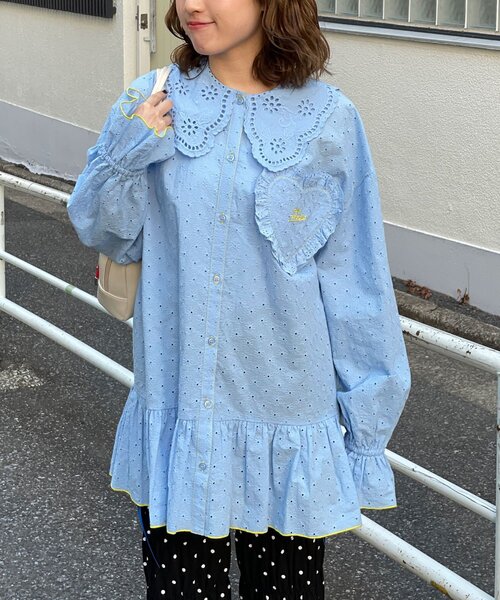 HELLO.SANFRANCISCO（ハローサンフランシスコ）の「【HELLO.SANFRANCISCO/ハローサンフランシスコ】フリルレースチュニックブラウス（シャツ/ブラウス・レディース・サックスブルー/ピンク/ホワイト・ONE SIZE）」の9枚目の写真