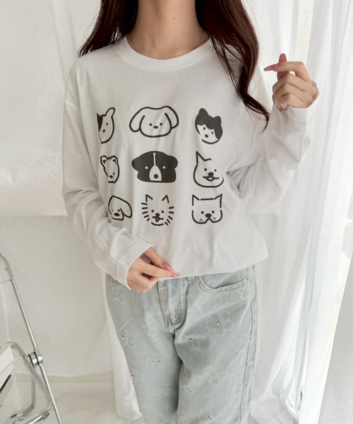etta(エタ)の「犬いっぱいイラストロンT/長袖Tシャツ(Tシャツ/カットソー・レディース・ホワイト・MEDIUM/SMALL/LARGE/X-LARGE)」の2枚目の写真