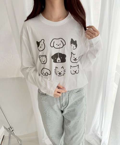 etta(エタ)の「犬いっぱいイラストロンT/長袖Tシャツ(Tシャツ/カットソー・レディース・ホワイト・MEDIUM/SMALL/LARGE/X-LARGE)」の3枚目の写真