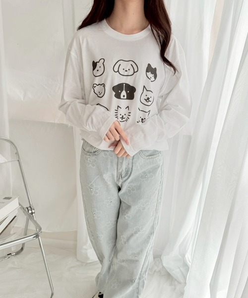 etta(エタ)の「犬いっぱいイラストロンT/長袖Tシャツ(Tシャツ/カットソー・レディース・ホワイト・MEDIUM/SMALL/LARGE/X-LARGE)」の4枚目の写真