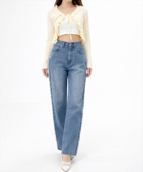 clear（クリア）の「【低身長対応／サイズ展開あり】サイドフリンジワイドデニムパンツ[カジュアル 着回し抜群 大人]（デニムパンツ・レディース・ブラック/ブルー・M/S/PS）」の3枚目の写真