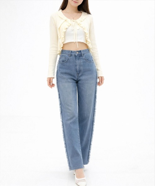 clear（クリア）の「【低身長対応／サイズ展開あり】サイドフリンジワイドデニムパンツ[カジュアル 着回し抜群 大人]（デニムパンツ・レディース・ブラック/ブルー・M/S/PS）」の5枚目の写真