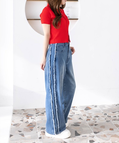 clear（クリア）の「【低身長対応／サイズ展開あり】サイドフリンジワイドデニムパンツ[カジュアル 着回し抜群 大人]（デニムパンツ・レディース・ブラック/ブルー・M/S/PS）」の8枚目の写真