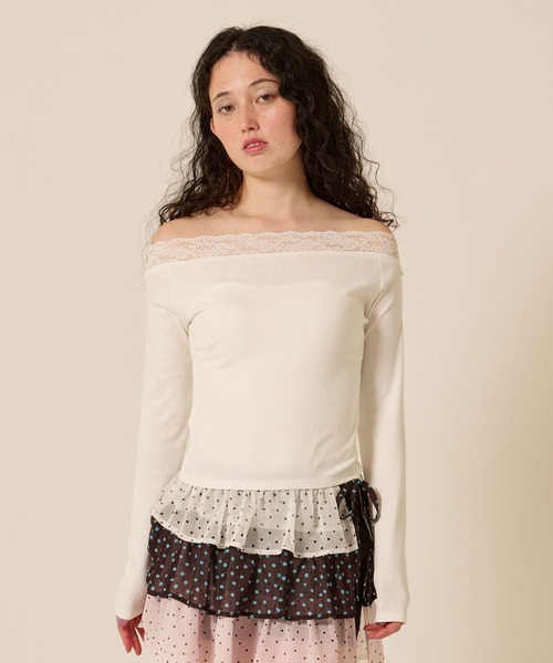 TINA：JOJUN（ティーナジョジュン）の「レース付き オフショル ロンT TINA：JOJUN（Tシャツ/カットソー・レディース・パープル系その他/アイボリー/ブラウン・M）」の6枚目の写真