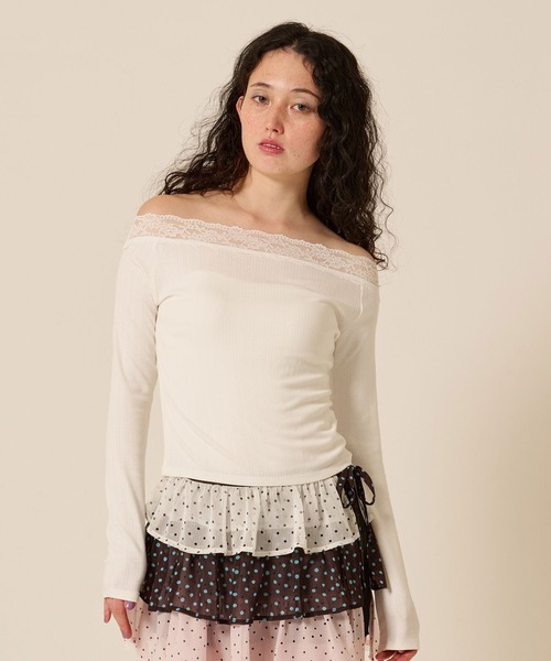 TINA：JOJUN（ティーナジョジュン）の「レース付き オフショル ロンT TINA：JOJUN（Tシャツ/カットソー・レディース・パープル系その他/アイボリー/ブラウン・M）」の7枚目の写真