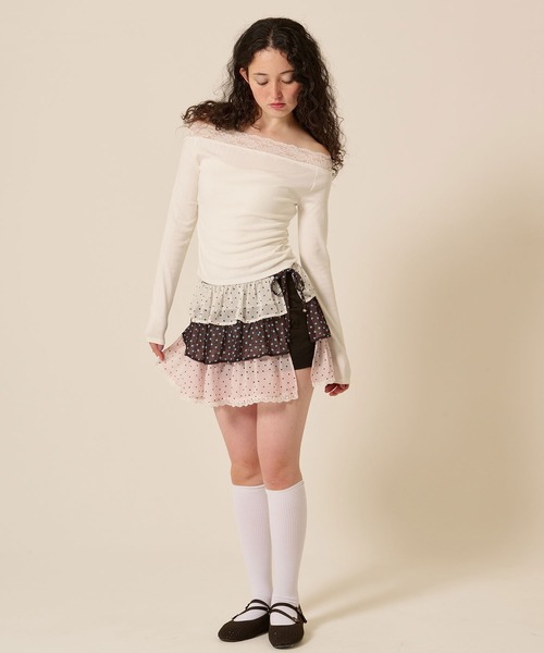 TINA：JOJUN（ティーナジョジュン）の「レース付き オフショル ロンT TINA：JOJUN（Tシャツ/カットソー・レディース・パープル系その他/アイボリー/ブラウン・M）」の9枚目の写真