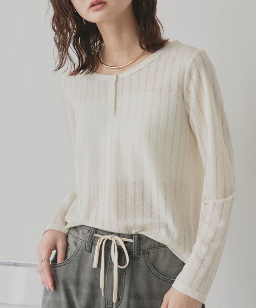 ad thie(アドティエ)の「シアーリブ ヘンリーネック トップス(Tシャツ/カットソー・レディース・ブラック/アイボリー・FREE)」の11枚目の写真
