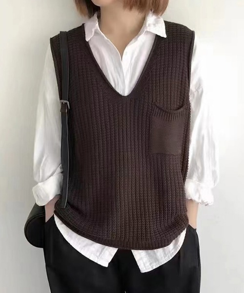 Miniministore（ミニミニストア）の「ニットベスト レディース vネック 秋冬（ベスト・レディース・ブラック/カーキ/ライトベージュ/ブラウン/レンガ/ダークブラウン/ベージュ/ネイビー/オレンジ・FREE）」の3枚目の写真