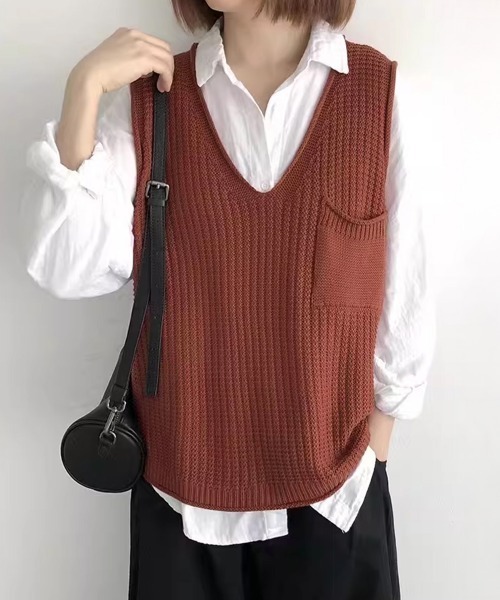 Miniministore（ミニミニストア）の「ニットベスト レディース vネック 秋冬（ベスト・レディース・ブラック/カーキ/ライトベージュ/ブラウン/レンガ/ダークブラウン/ベージュ/ネイビー/オレンジ・FREE）」の8枚目の写真