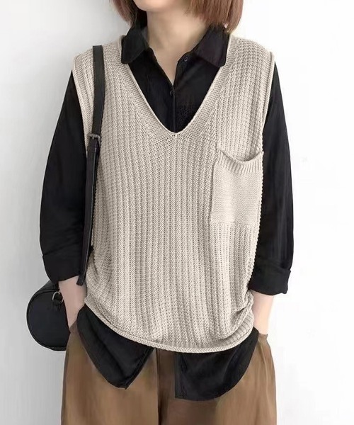 Miniministore（ミニミニストア）の「ニットベスト レディース vネック 秋冬（ベスト・レディース・ブラック/カーキ/ライトベージュ/ブラウン/レンガ/ダークブラウン/ベージュ/ネイビー/オレンジ・FREE）」の10枚目の写真