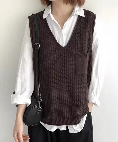 Miniministore（ミニミニストア）の「ニットベスト レディース vネック 秋冬（ベスト・レディース・ブラック/カーキ/ライトベージュ/ブラウン/レンガ/ダークブラウン/ベージュ/ネイビー/オレンジ・FREE）」の15枚目の写真