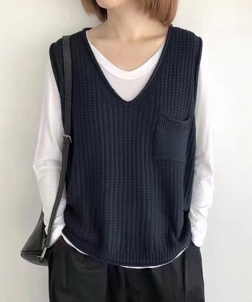 Miniministore（ミニミニストア）の「ニットベスト レディース vネック 秋冬（ベスト・レディース・ブラック/カーキ/ライトベージュ/ブラウン/レンガ/ダークブラウン/ベージュ/ネイビー/オレンジ・FREE）」の16枚目の写真