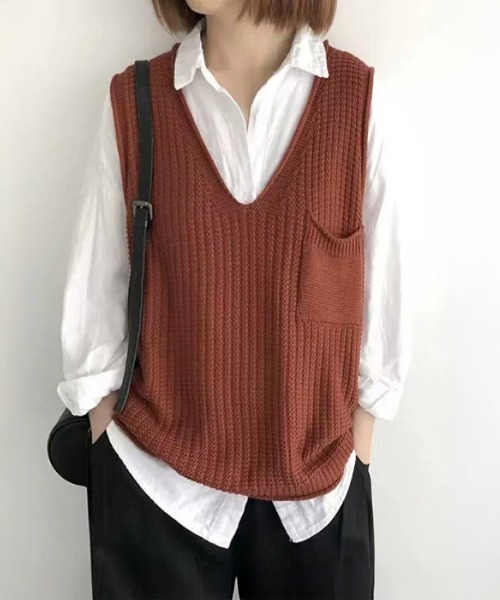 Miniministore（ミニミニストア）の「ニットベスト レディース vネック 秋冬（ベスト・レディース・ブラック/カーキ/ライトベージュ/ブラウン/レンガ/ダークブラウン/ベージュ/ネイビー/オレンジ・FREE）」の18枚目の写真
