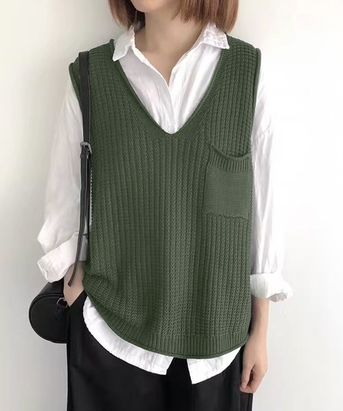 Miniministore（ミニミニストア）の「ニットベスト レディース vネック 秋冬（ベスト・レディース・ブラック/カーキ/ライトベージュ/ブラウン/レンガ/ダークブラウン/ベージュ/ネイビー/オレンジ・FREE）」の19枚目の写真