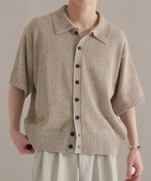 epnok（エプノック）の「プレーティングルーズ半袖ニットシャツ（ニット/セーター・メンズ・ブルー/ブラック/ベージュ・SMALL/LARGE/MEDIUM）」の2枚目の写真