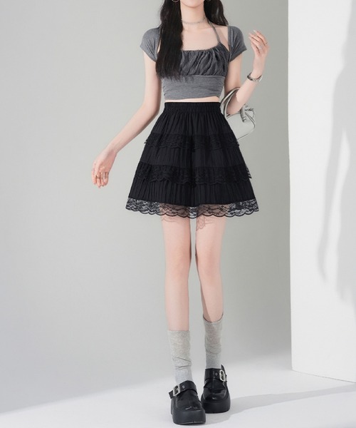 2ly2(トゥーリートゥー)の「レース切替 ティアードミニスカート(スカート・レディース・ブラック/ブルー/ピンク/ホワイト・FREE)」の5枚目の写真