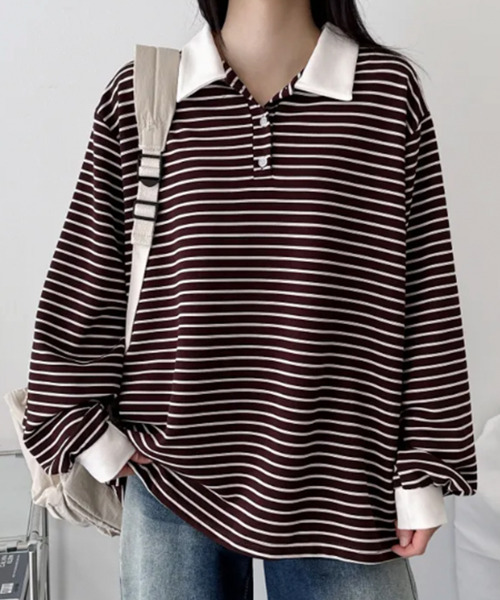 VIVID LADY(ビビッドレディー)の「配色カラー ボーダー Tシャツ(Tシャツ/カットソー・レディース・ネイビー/ワイン/ライトブルー/ブラウン・FREE)」の2枚目の写真