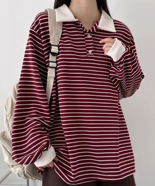 VIVID LADY(ビビッドレディー)の「配色カラー ボーダー Tシャツ(Tシャツ/カットソー・レディース・ネイビー/ワイン/ライトブルー/ブラウン・FREE)」の8枚目の写真