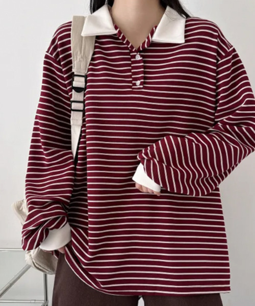 VIVID LADY(ビビッドレディー)の「配色カラー ボーダー Tシャツ(Tシャツ/カットソー・レディース・ネイビー/ワイン/ライトブルー/ブラウン・FREE)」の9枚目の写真
