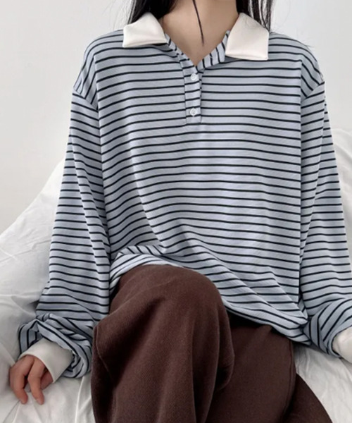 VIVID LADY(ビビッドレディー)の「配色カラー ボーダー Tシャツ(Tシャツ/カットソー・レディース・ネイビー/ワイン/ライトブルー/ブラウン・FREE)」の16枚目の写真