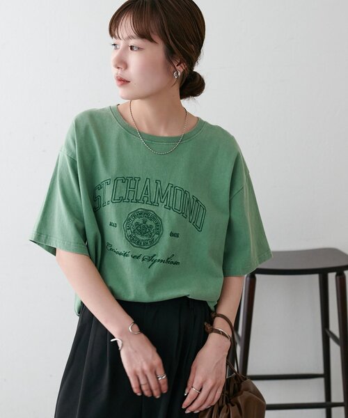 DISCOAT(ディスコート)の「【Enlude】同色刺繍カレッジロゴTシャツ《ユニセックス》(Tシャツ/カットソー・レディース・グリーン/ネイビー/チャコールグレー/ライトベージュ・FREE)」の7枚目の写真