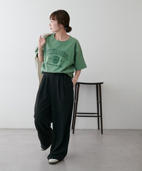 DISCOAT(ディスコート)の「【Enlude】同色刺繍カレッジロゴTシャツ《ユニセックス》(Tシャツ/カットソー・レディース・グリーン/ネイビー/チャコールグレー/ライトベージュ・FREE)」の8枚目の写真