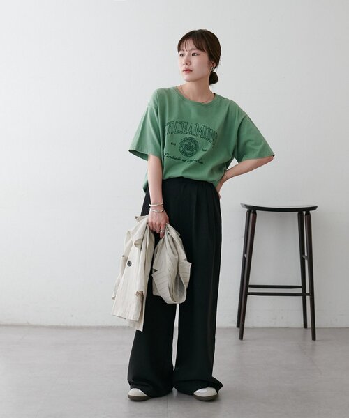 DISCOAT(ディスコート)の「【Enlude】同色刺繍カレッジロゴTシャツ《ユニセックス》(Tシャツ/カットソー・レディース・グリーン/ネイビー/チャコールグレー/ライトベージュ・FREE)」の9枚目の写真