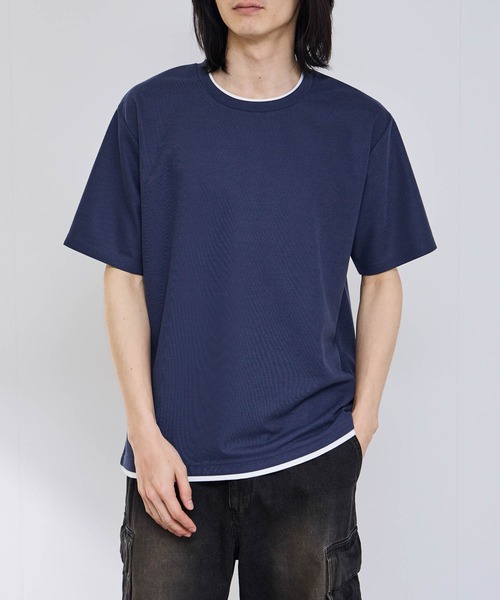 NAVY(ネイビー)の「【SARARI /サラリ】接触冷感 速乾 フェイクレイヤード クルーネック Tシャツ(Tシャツ/カットソー・メンズ・グレー/ネイビー/グリーン/ブラック・S/M/L/XL)」の4枚目の写真