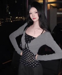 前身ツイスト フェイクレイヤードトッド柄ロングスリーブトップス