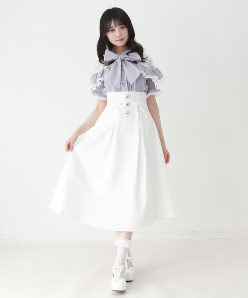 DearMyLove(ディアマイラブ)の「ビジューフレアリボンロングスカート(スカート・レディース・ホワイト/ブラック・MEDIUM/3L/LARGE)」の4枚目の写真