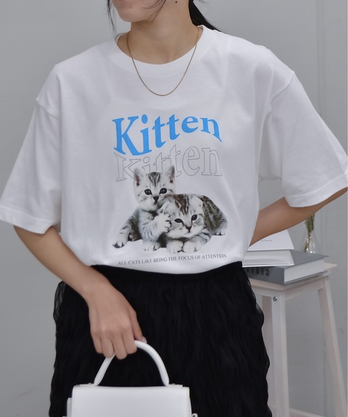 spiritoso（スピリトーゾ）の「kitten猫プリントTシャツ（Tシャツ/カットソー・レディース・グリーン/ホワイト・LARGE/X-LARGE/MEDIUM）」の2枚目の写真