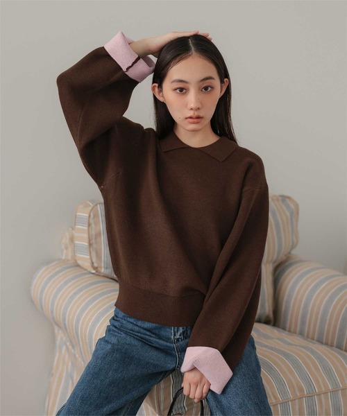 miette（ミエット）の「襟付きバイカラーニットプルオーバー（ニット/セーター・レディース・ブラウン/ネイビー/チャコール・FREE）」の2枚目の写真