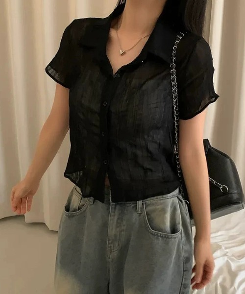 AVYL(アヴィル)の「ワッシャーシアー半袖クロップドシャツ(シャツ/ブラウス・レディース・ブラック/ホワイト・M)」の8枚目の写真