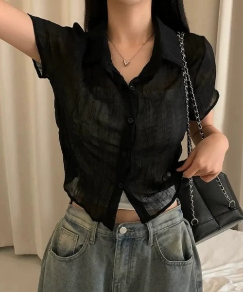 AVYL(アヴィル)の「ワッシャーシアー半袖クロップドシャツ(シャツ/ブラウス・レディース・ブラック/ホワイト・M)」の11枚目の写真