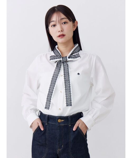 POLO BCS(ポロ ビーシーエス)の「【POLOBCS】レースデザインボウタイブラウス(シャツ/ブラウス・レディース・ライトブルー/ネイビー/オフホワイト・MEDIUM)」の1枚目の写真