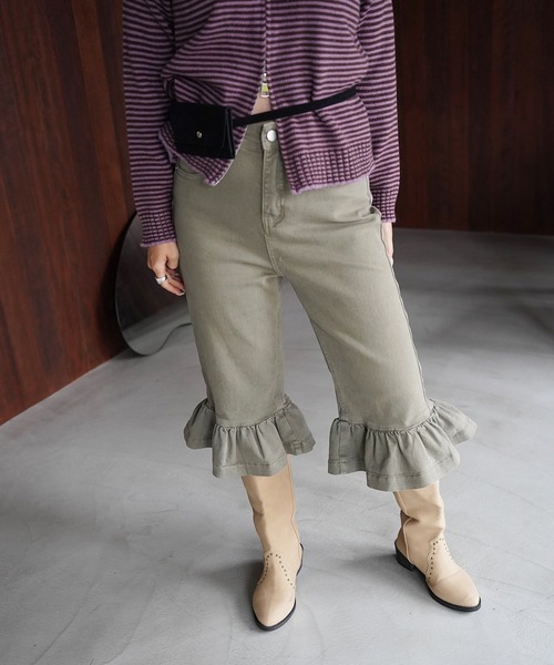 SANSeLF(サンセルフ)の「【SANSeLF】フリルヘムクロップドデニムパンツ saw26a035(デニムパンツ・レディース・カーキ/ブラック・FREE)」の3枚目の写真