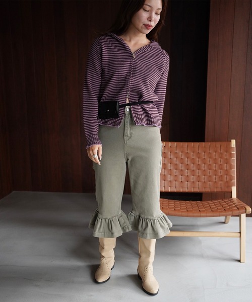SANSeLF(サンセルフ)の「【SANSeLF】フリルヘムクロップドデニムパンツ saw26a035(デニムパンツ・レディース・カーキ/ブラック・FREE)」の5枚目の写真