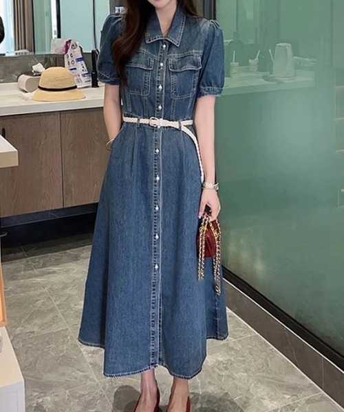 FLINEA(フリネア)の「パフスリーブデニムシャツワンピース(ワンピース・レディース・ブルー・S/M/L)」の4枚目の写真