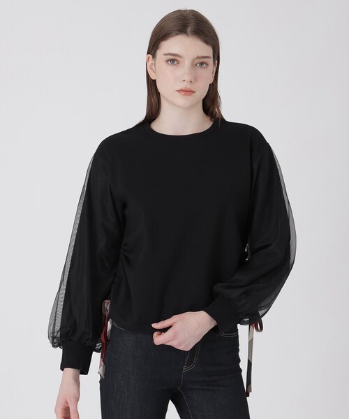 BLUE LABEL CRESTBRIDGE(ブルーレーベルクレストブリッジ)の「チュールスリーブコンビトップス(Tシャツ/カットソー・レディース・ブラック/ホワイト・38)」の2枚目の写真