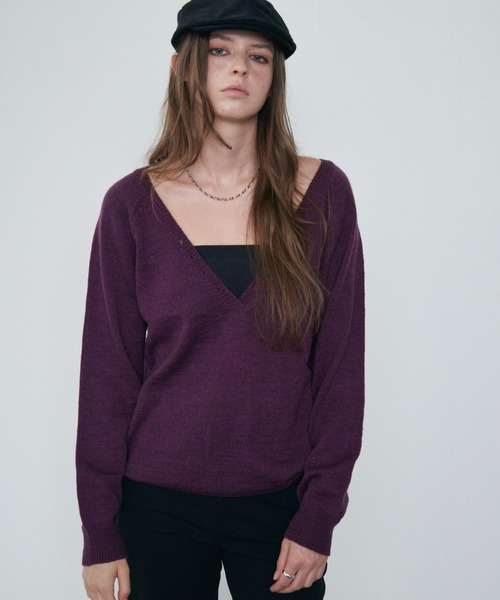 Rohwel(ローウェル)の「V-Neck Henley Knit / Vネックヘンリーニット(ニット/セーター・レディース・グリーン/ブラック/パープル・FREE)」の1枚目の写真