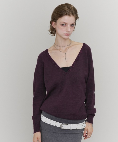 Rohwel(ローウェル)の「V-Neck Henley Knit / Vネックヘンリーニット(ニット/セーター・レディース・グリーン/ブラック/パープル・FREE)」の4枚目の写真