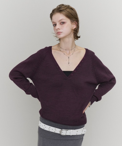 Rohwel(ローウェル)の「V-Neck Henley Knit / Vネックヘンリーニット(ニット/セーター・レディース・グリーン/ブラック/パープル・FREE)」の5枚目の写真