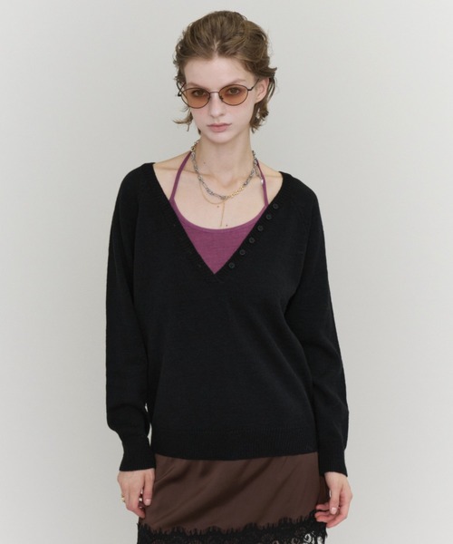Rohwel(ローウェル)の「V-Neck Henley Knit / Vネックヘンリーニット(ニット/セーター・レディース・グリーン/ブラック/パープル・FREE)」の15枚目の写真