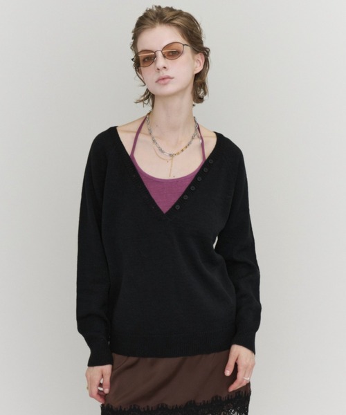 Rohwel(ローウェル)の「V-Neck Henley Knit / Vネックヘンリーニット(ニット/セーター・レディース・グリーン/ブラック/パープル・FREE)」の14枚目の写真