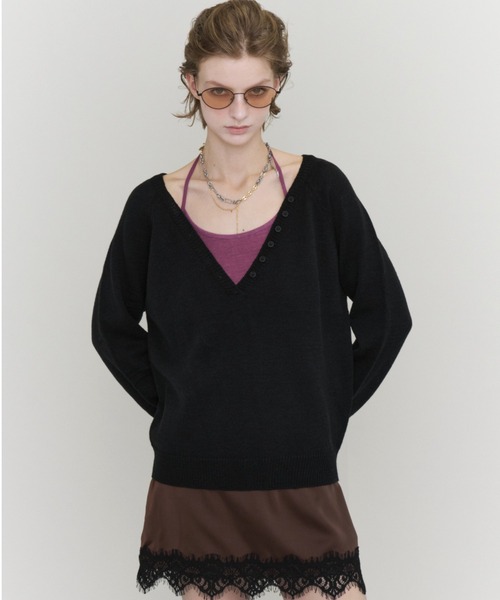 Rohwel(ローウェル)の「V-Neck Henley Knit / Vネックヘンリーニット(ニット/セーター・レディース・グリーン/ブラック/パープル・FREE)」の13枚目の写真