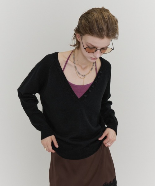Rohwel(ローウェル)の「V-Neck Henley Knit / Vネックヘンリーニット(ニット/セーター・レディース・グリーン/ブラック/パープル・FREE)」の16枚目の写真