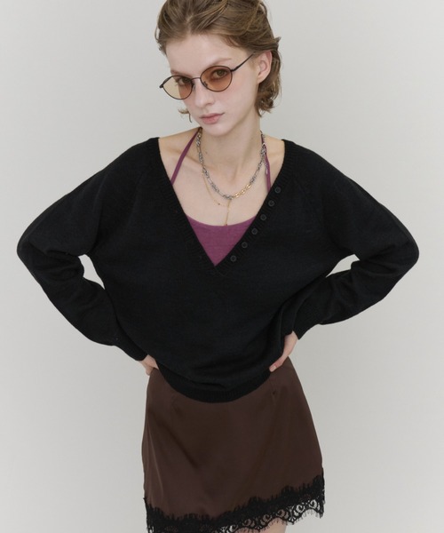 Rohwel(ローウェル)の「V-Neck Henley Knit / Vネックヘンリーニット(ニット/セーター・レディース・グリーン/ブラック/パープル・FREE)」の18枚目の写真